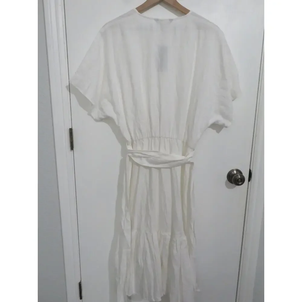 Lauren Ralph Lauren Womens Sz 8 White Belted Linen Wrap Style Dress Midi Summer - Picture 2 of 7